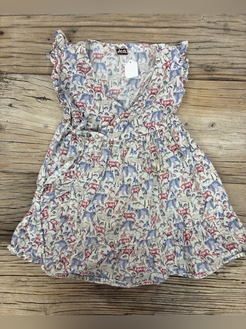 Tea Collection Ivory Wrap Dress Pink Blue Animal Print Size 4